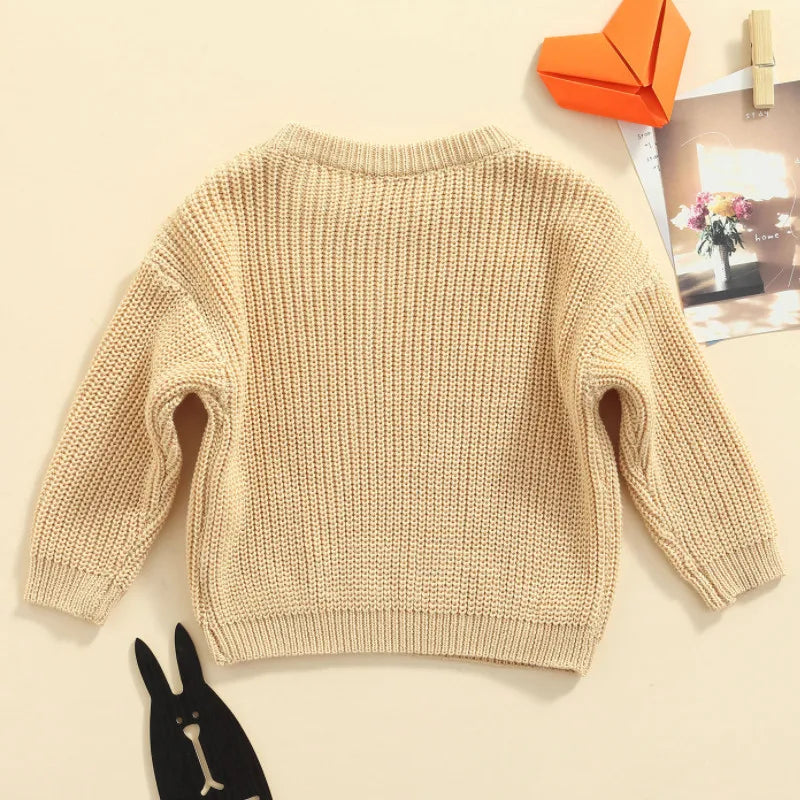 Unisex Baby Solid Color O-neck Knitted Pullover Sweater for Autumn and Winter, Loose Fit Long Sleeve Design