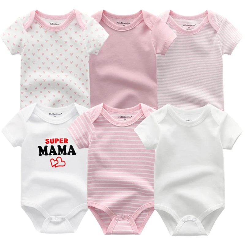 6-Pack Cute Cartoon Baby Bodysuits for Girls - Short Sleeve Infant Jumpsuits
