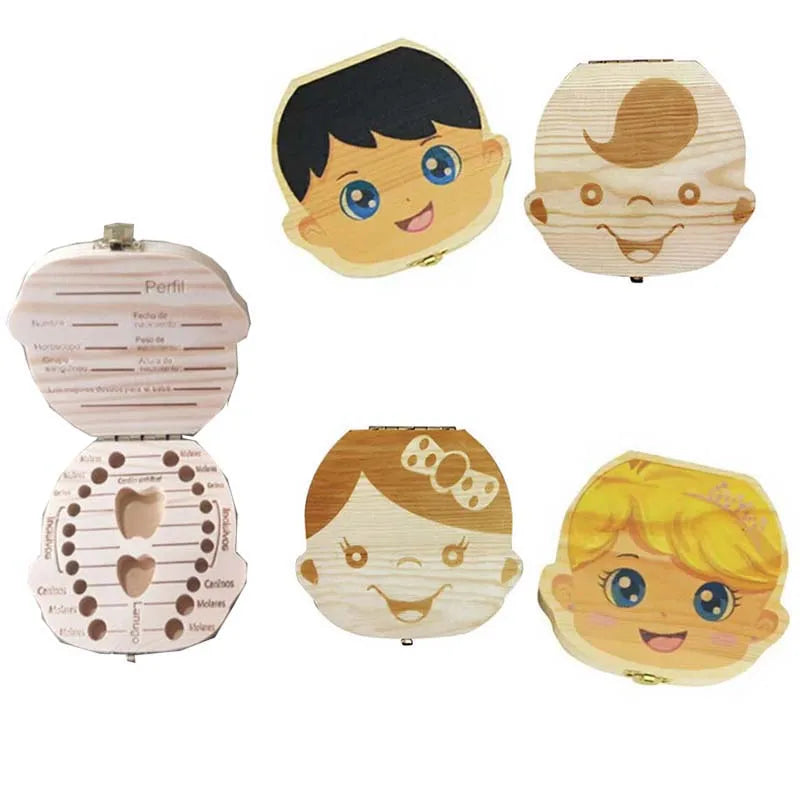 Wooden Baby Tooth Keepsake Box - Multi-Language Souvenir Organizer for Teeth, Lanugo, and Umbilical Cord