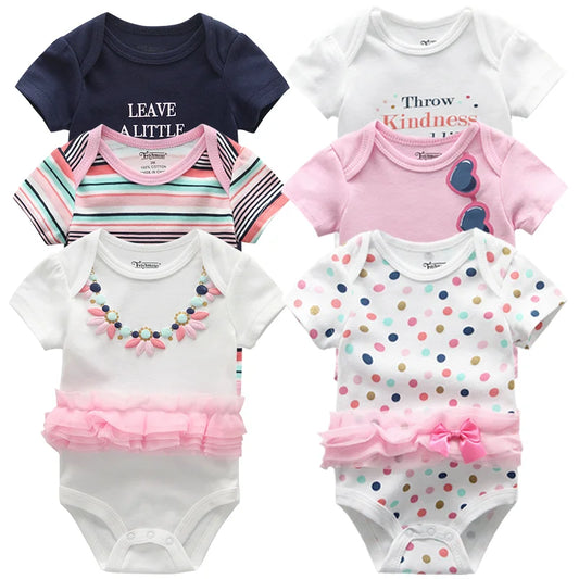 6-Pack Summer Short Sleeve Baby Girls Bodysuits - Stylish Printed Infant Clothing