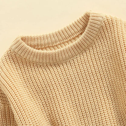 Unisex Baby Solid Color O-neck Knitted Pullover Sweater for Autumn and Winter, Loose Fit Long Sleeve Design