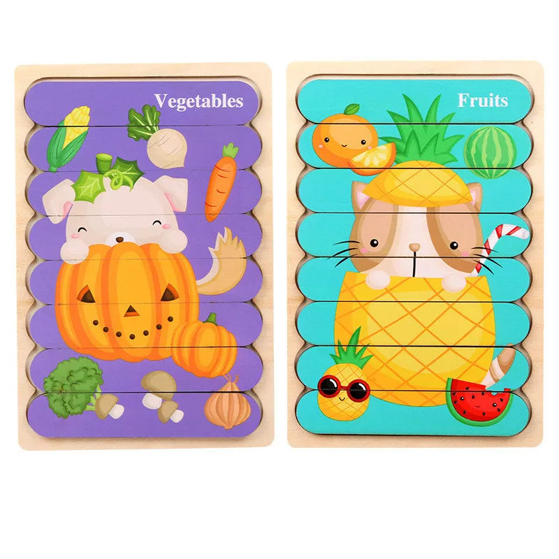 Double-Sided 3D Animal Jigsaw Puzzle - Montessori Wooden Stacking Toy for Early Childhood Education