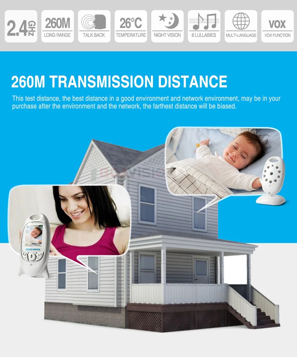 Wireless Video Baby Monitor with 2.0'' LCD Screen, Two-Way Audio, Night Vision, Temperature Monitoring, and 8 Lullabies