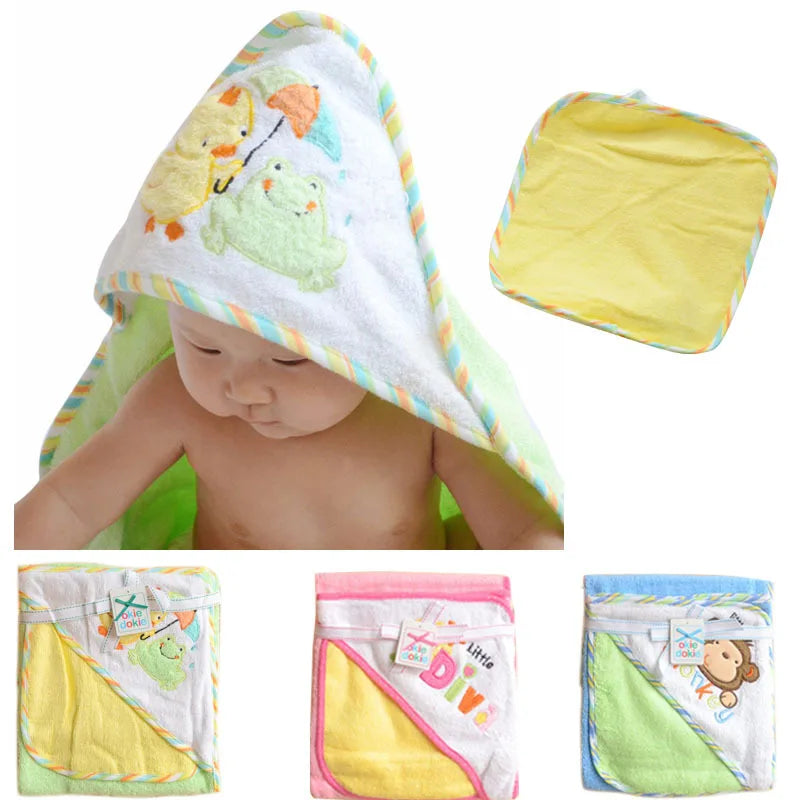 Cartoon Hooded Baby Bathrobe and Washcloth Set - 100% Cotton Infant Towels