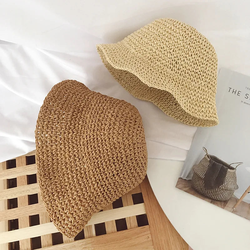 Adjustable Summer Straw Bucket Hat for Kids - Windproof Lace Travel Accessory for Boys and Girls (Ages 2-6)