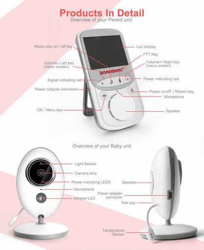 2.4GHz Wireless Baby Monitor with LCD Display, Two-Way Talk, Night Vision, and Temperature Monitoring