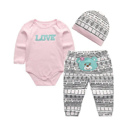 Adorable Newborn Baby Girls Animal-Themed Outfit Set with Long Sleeve Bodysuits, Cap, and Pants