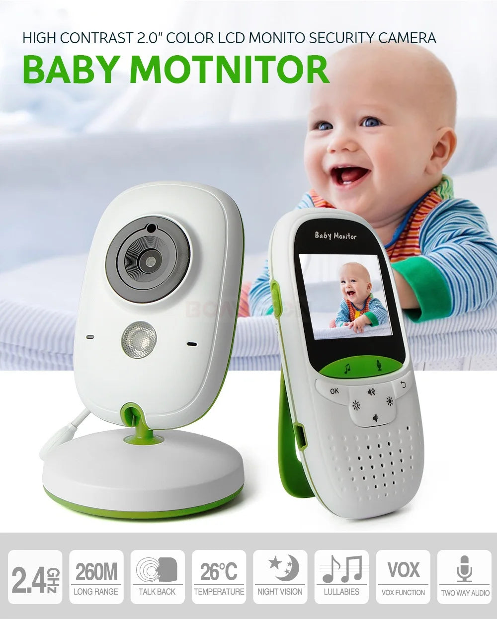 Wireless Baby Monitor VB602 with IR Night Vision, Temperature Display, Lullabies, Intercom, and VOX Mode - Video Camera for Parents and Babysitters