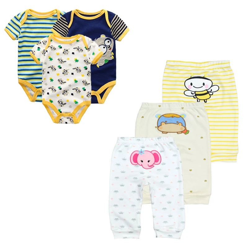 6-Piece Cartoon Baby Outfit Set - Short Sleeve Rompers and Pants for Boys and Girls, Summer 2022