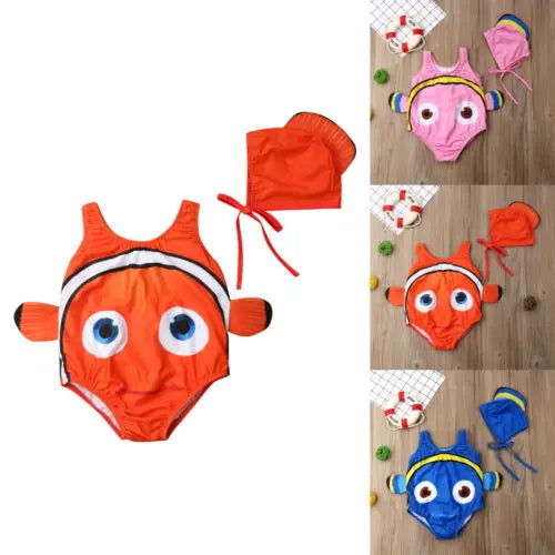 2-Pack Adorable Swimwear Set for Toddler Girls - Goldfish Print Swimsuit with Matching Hat, High-Quality Beachwear for Ages 1-6