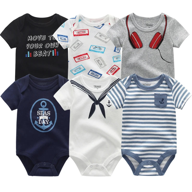 Adorable Cotton Baby Bodysuit Set - 6pcs Short Sleeve Jumpsuits for Infants, Unisex Newborn Clothing