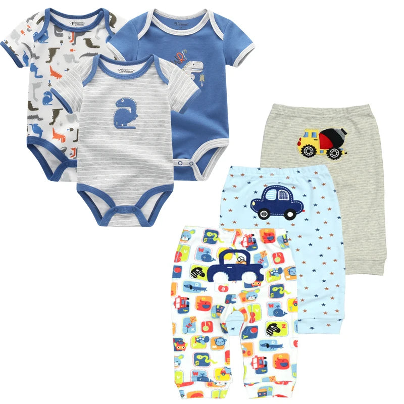 6-Piece Cartoon Baby Outfit Set - Short Sleeve Rompers and Pants for Boys and Girls, Summer 2022