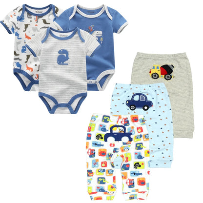 6-Piece Cartoon Baby Outfit Set - Short Sleeve Rompers and Pants for Boys and Girls, Summer 2022