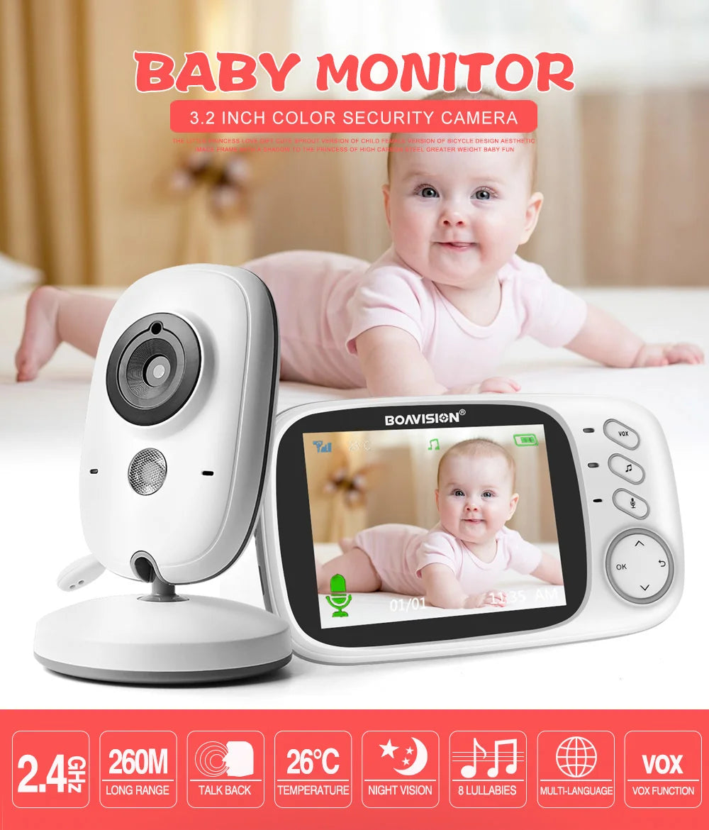 3.2" Color LCD Wireless Video Baby Monitor with Night Vision, Two-Way Audio, and Temperature Monitoring - VB603