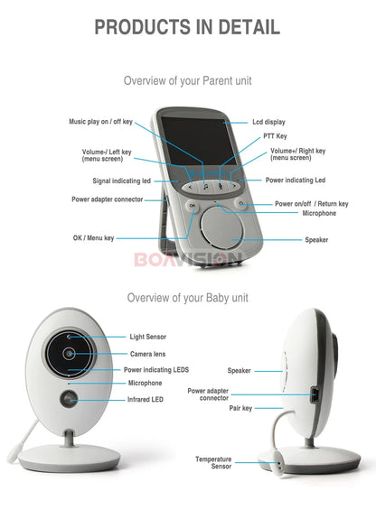 BOAVISION VB605 Wireless 2.4 Inch LCD Baby Monitor with Intercom and Night Vision