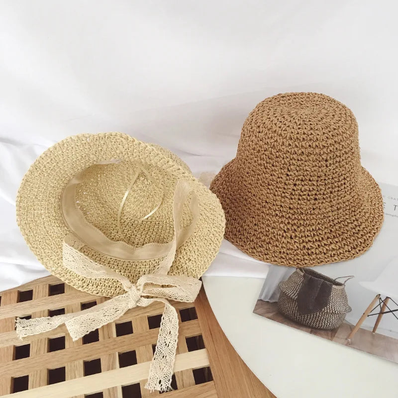 Adjustable Summer Straw Bucket Hat for Kids - Windproof Lace Travel Accessory for Boys and Girls (Ages 2-6)