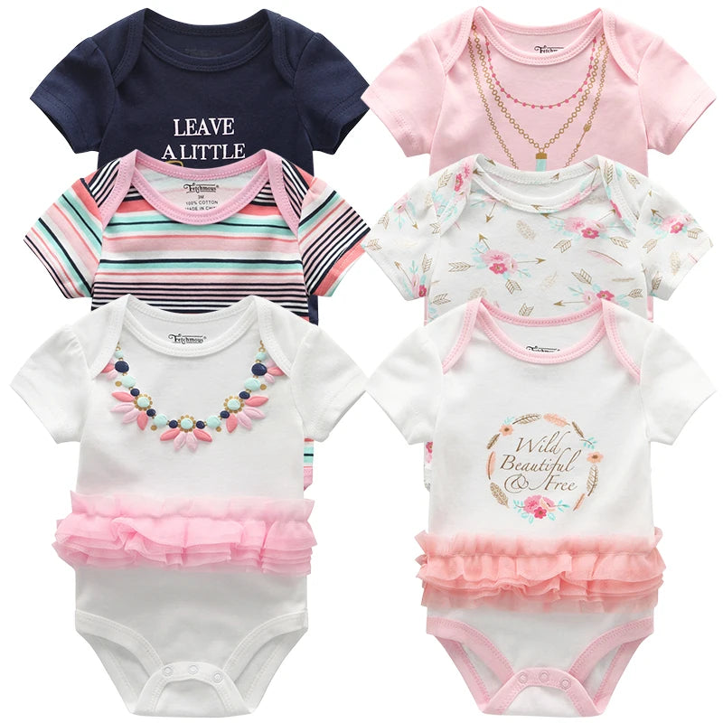 6-Pack Adorable Cartoon Baby Bodysuits for Newborns - Short Sleeve Infant Jumpsuits for Girls