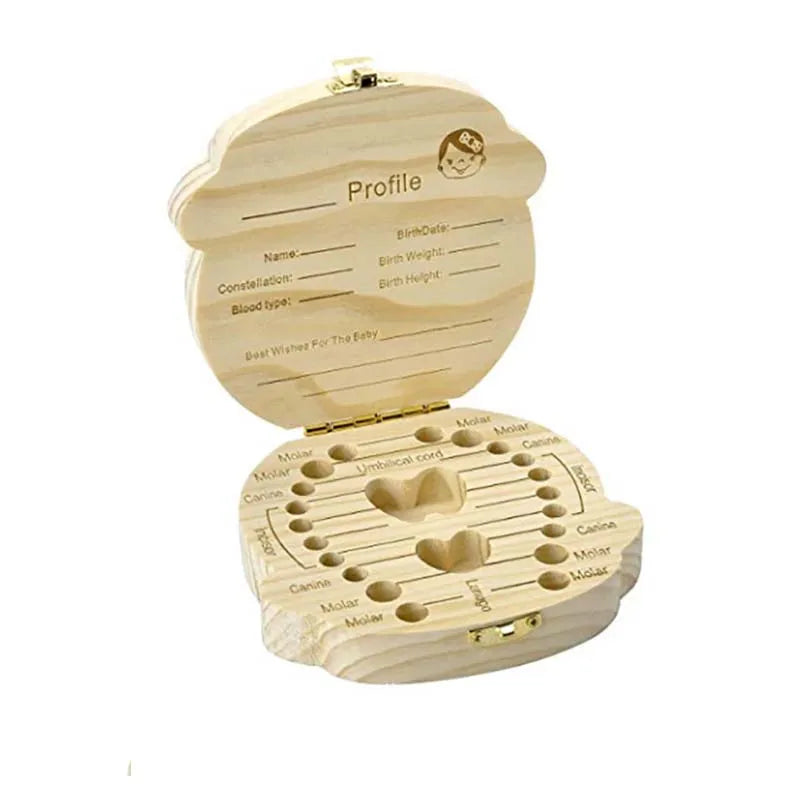 Wooden Baby Tooth Keepsake Box - Multi-Language Souvenir Organizer for Teeth, Lanugo, and Umbilical Cord
