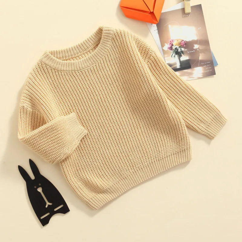 Unisex Baby Solid Color O-neck Knitted Pullover Sweater for Autumn and Winter, Loose Fit Long Sleeve Design