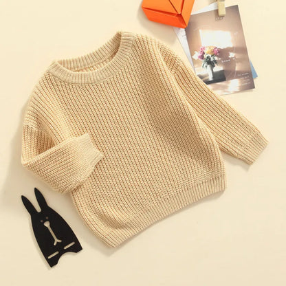 Unisex Baby Solid Color O-neck Knitted Pullover Sweater for Autumn and Winter, Loose Fit Long Sleeve Design