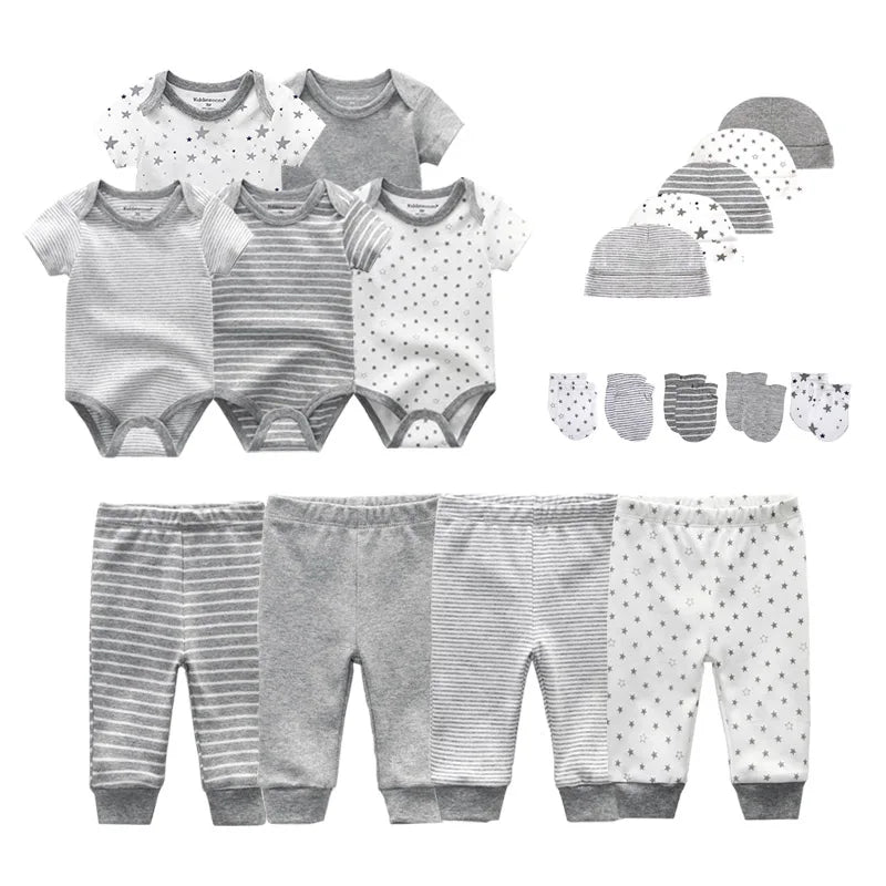 Unisex Newborn Cotton Clothing Set: Bodysuits, Pants, Hats, Gloves & Bibs with Cute Animal Designs