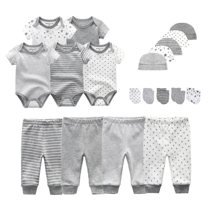 Unisex Newborn Cotton Clothing Set: Bodysuits, Pants, Hats, Gloves & Bibs with Cute Animal Designs