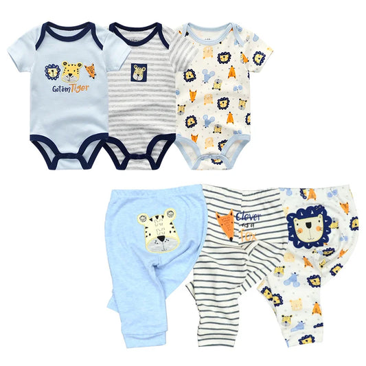 6-Piece Cartoon Baby Outfit Set - Short Sleeve Rompers and Pants for Boys and Girls, Summer 2022