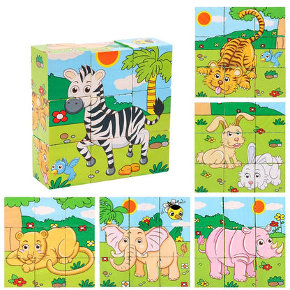 Colorful Wooden Animal and Fruit Puzzle Blocks for Early Learning and Development in Children