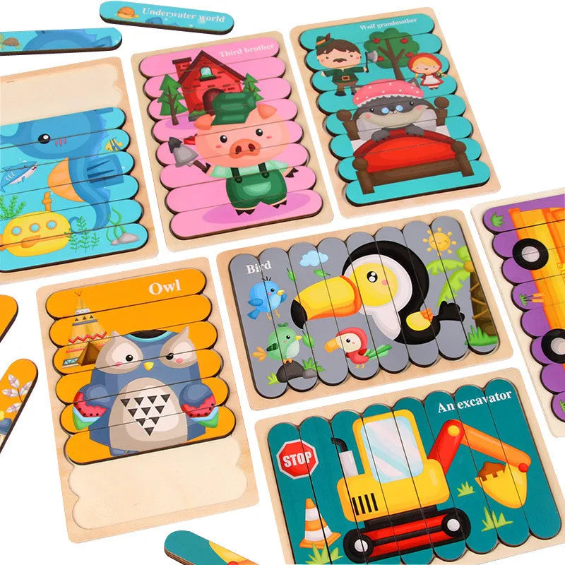 Double-Sided 3D Animal Jigsaw Puzzle - Montessori Wooden Stacking Toy for Early Childhood Education