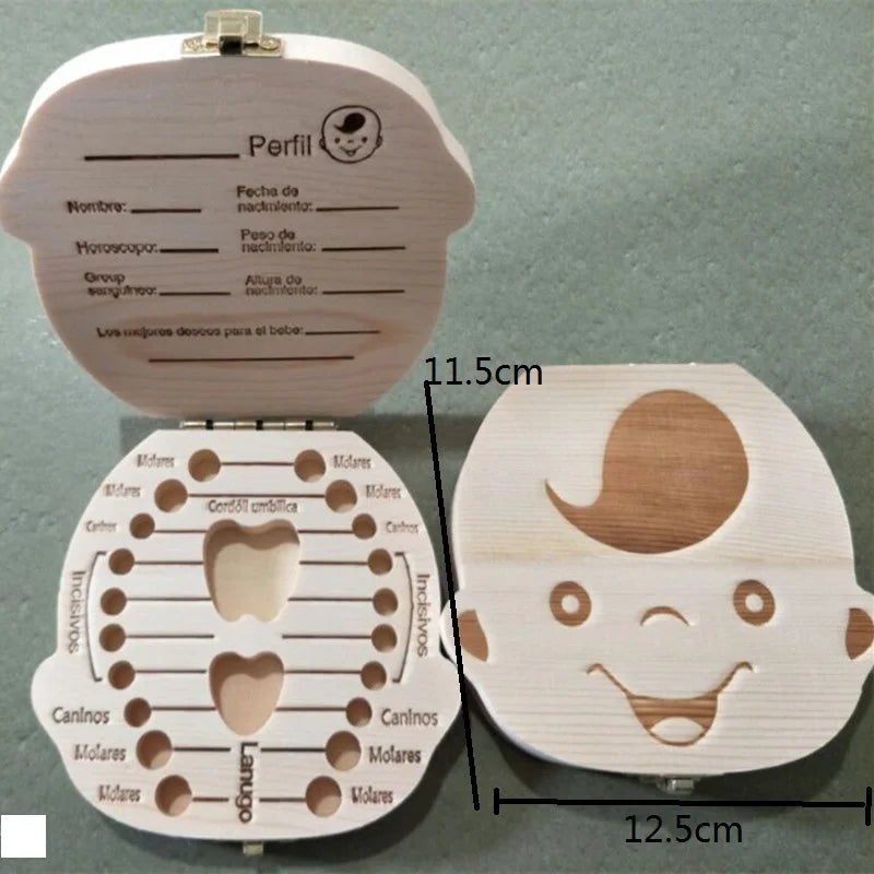 Wooden Baby Tooth Keepsake Box - Multi-Language Souvenir Organizer for Teeth, Lanugo, and Umbilical Cord
