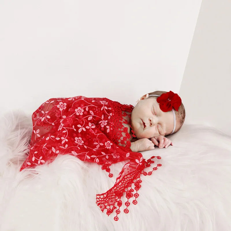 Newborn Photography Prop Set: 3Pcs Baby Headband, Luxurious Fur Blanket & Lace Wrapper for Stunning Photoshoots