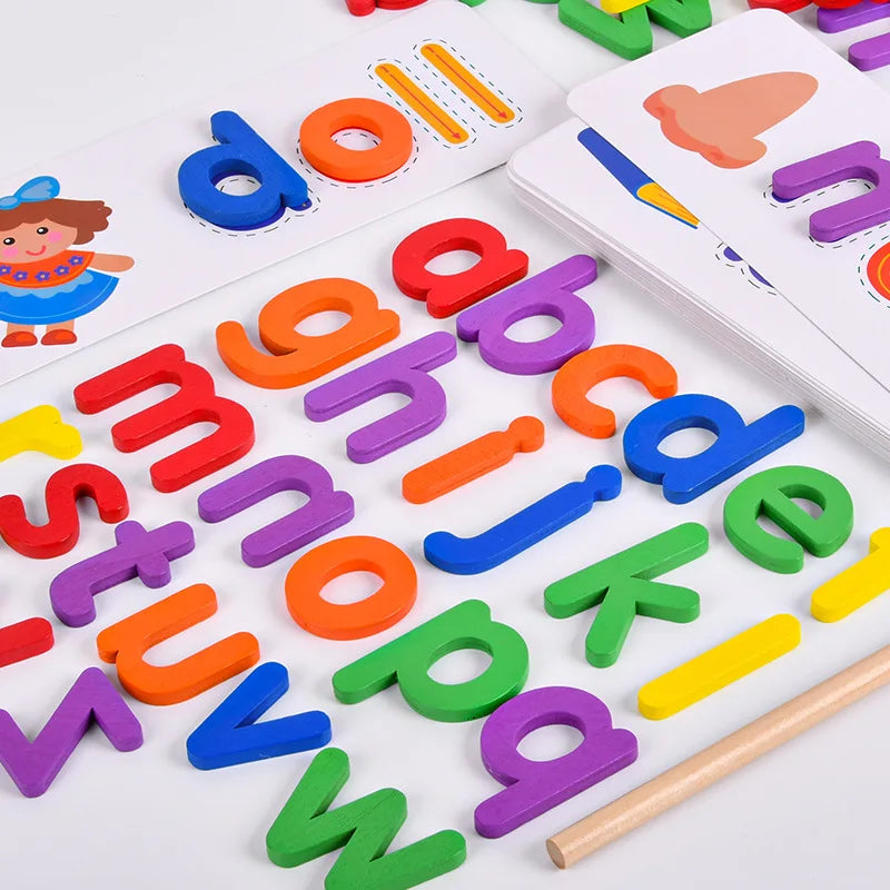 Wooden 26 Alphabet Letter, Learning Cards Set Word Spelling Writing Phonics Toy English Letters Educational Toys for Kids