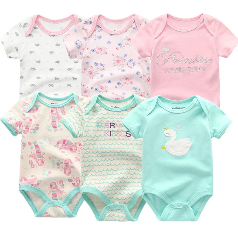 6-Pack Cute Cartoon Baby Bodysuits for Girls - Short Sleeve Infant Jumpsuits