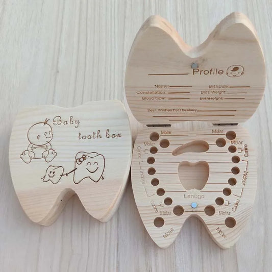 Wooden Baby Tooth Keepsake Box - Multi-Language Souvenir Organizer for Teeth, Lanugo, and Umbilical Cord