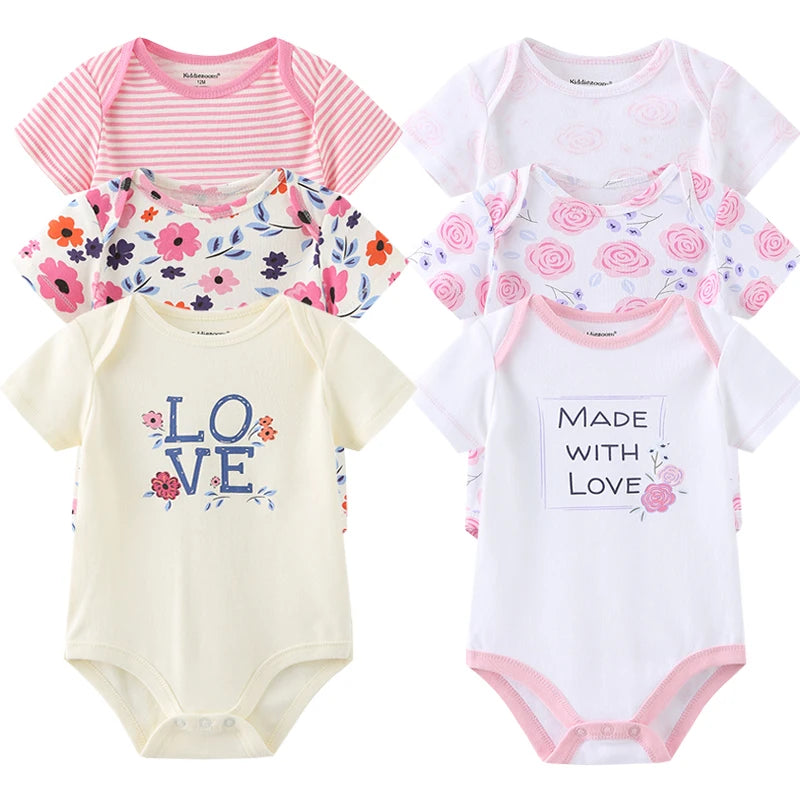 6-Pack Summer Short Sleeve Baby Girls Bodysuits - Stylish Printed Infant Clothing