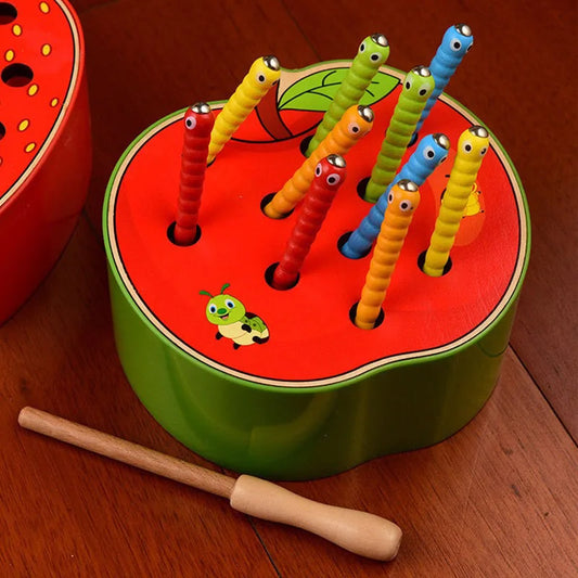 Wooden Magnetic Worm Catching Game for Kids - Montessori Educational Toy for Hand-Eye Coordination and Color Recognition