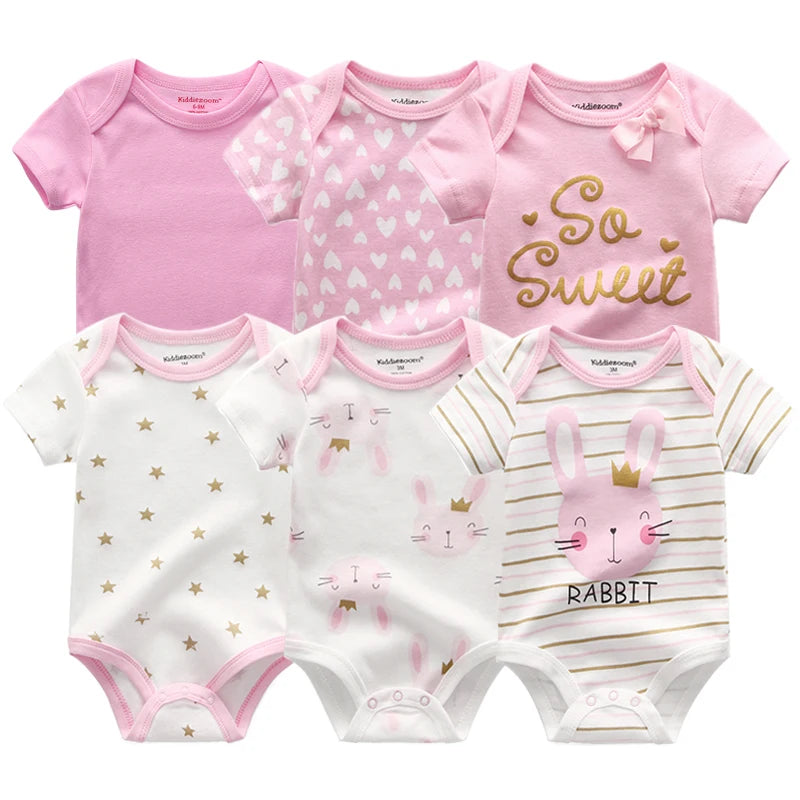 6-Pack Adorable Cartoon Baby Bodysuits for Newborns - Short Sleeve Infant Jumpsuits for Girls