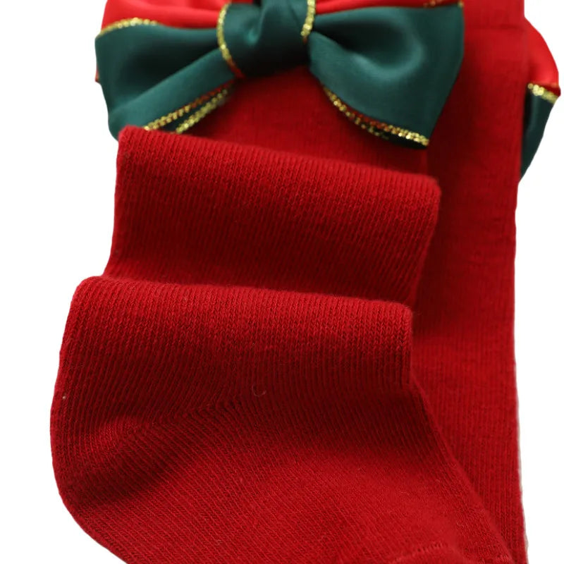 Adorable Christmas Bowknot Socks for Toddlers - 2 Pairs of Mid-Calf Length Holiday Socks for Boys and Girls (Ages 0-4)