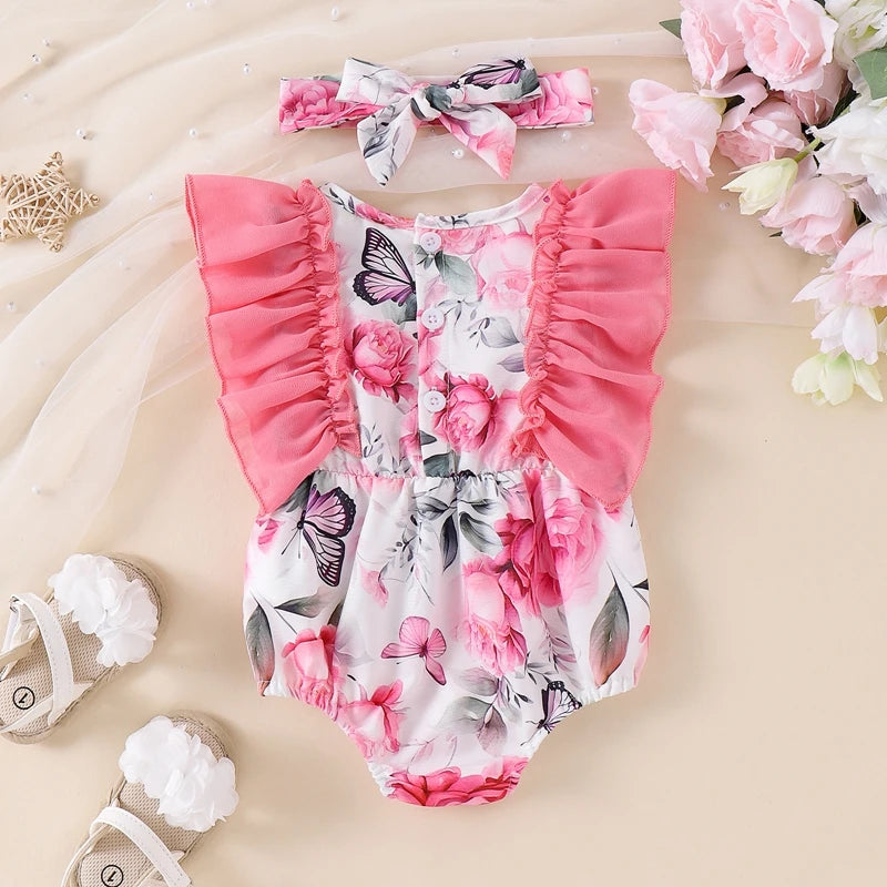 Toddler Summer Floral Bow Bodysuits with Ruffle Sleeves for Girls 0-18 Months