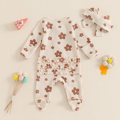 Adorable Autumn Baby Girls Ruffled Cotton Long Sleeve Zipped Romper Jumpsuit with Matching Headband