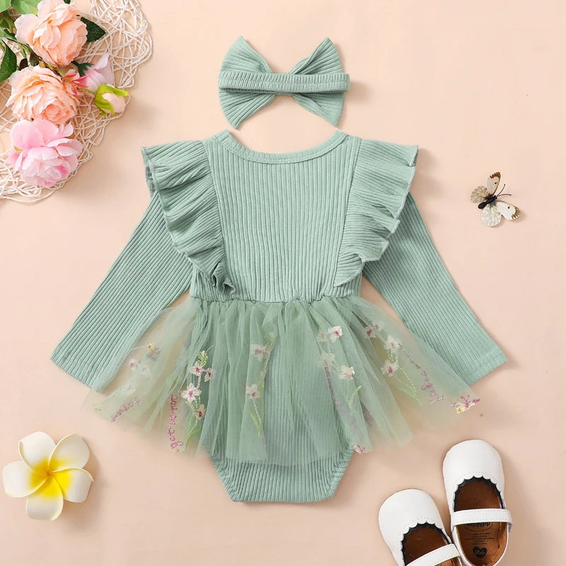 Adorable Baby Girls Floral Ruffled Long Sleeve Romper Dress with Headband Set for Newborns