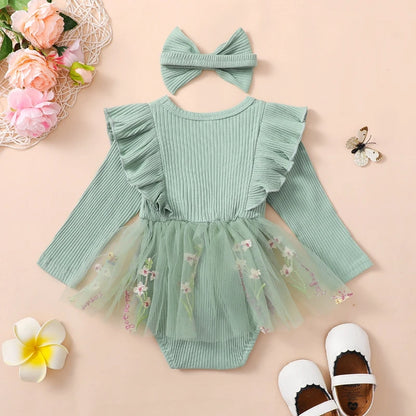 Adorable Baby Girls Floral Ruffled Long Sleeve Romper Dress with Headband Set for Newborns
