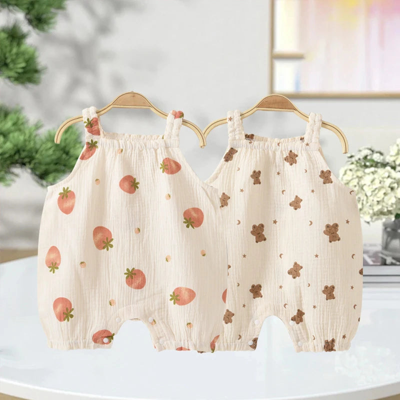 Adorable Cartoon Dog Summer Romper and Hat Set for Babies - Breathable Muslin Jumpsuit for Boys and Girls