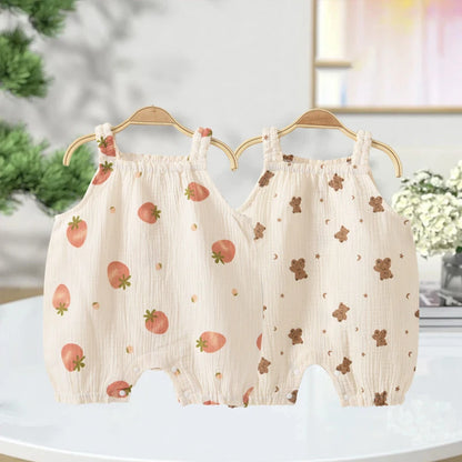 Adorable Cartoon Dog Summer Romper and Hat Set for Babies - Breathable Muslin Jumpsuit for Boys and Girls