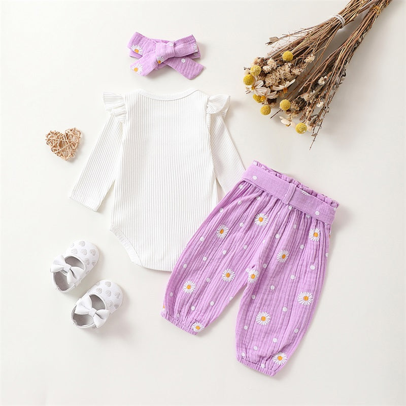 Adorable Baby Girl Autumn 3-Piece Cotton Outfits Set with Floral Romper, Pants, and Headband