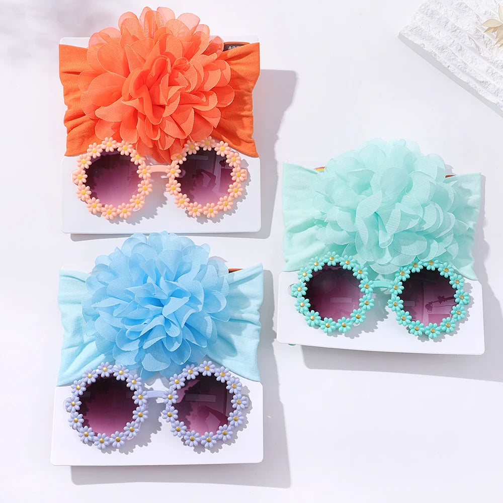 Adorable Handmade Flower Headband and Daisy Round Glasses Gift Set for Baby Girls and Toddlers
