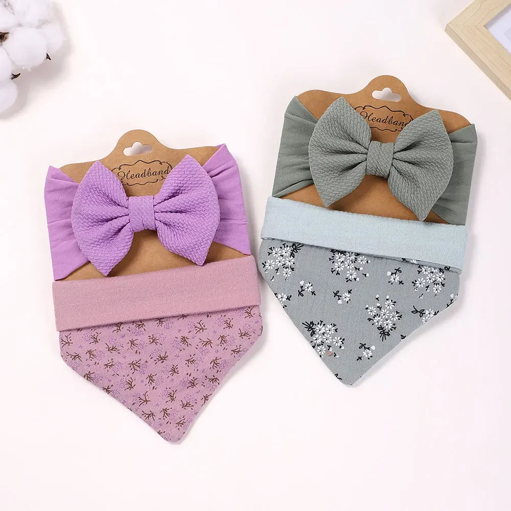 Toddler Ruffled Edge Turban Set with Big Bow - 2Pcs Solid Color Headbands for Newborns and Toddlers