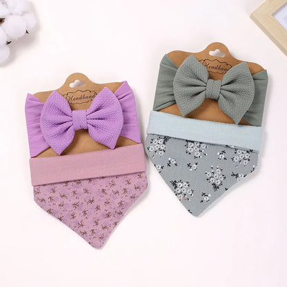 Toddler Ruffled Edge Turban Set with Big Bow - 2Pcs Solid Color Headbands for Newborns and Toddlers