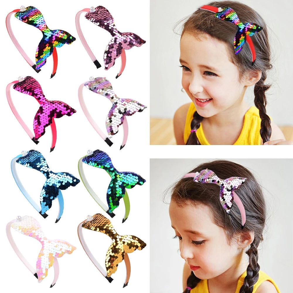 Rainbow Mermaid Sequin Headbands for Baby Girls - Handmade Kids Hair Accessories with Pearls