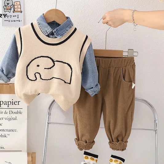 2023 Autumn Toddler Cartoon Elephant Knit Vest and Denim Shirt Set with Casual Pants for Boys - Stylish Three-Piece Outfit
